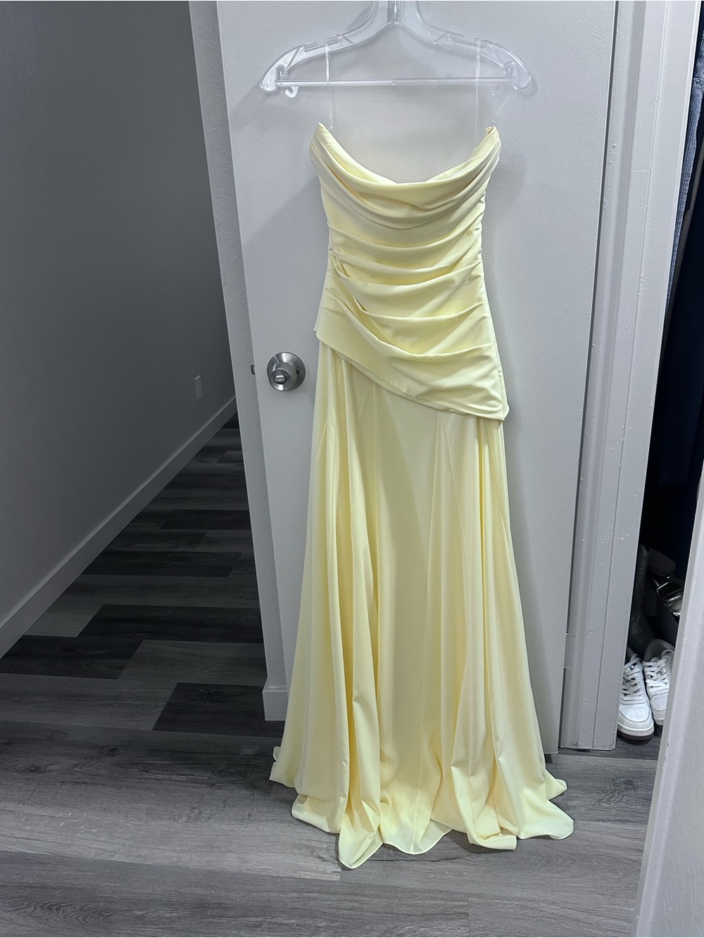 Strapless Draped Maxi Evening Dress in Pale Yellow - Picture 4 of 8